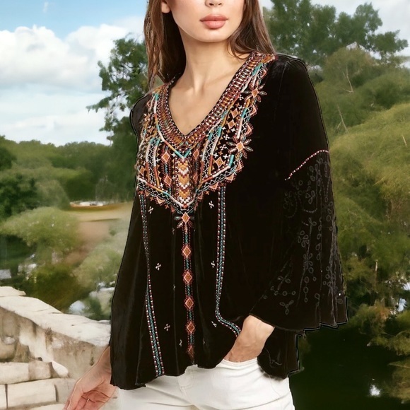 Johnny Was Black Velvet Embroidered V-Neck Tunic With Multicolor Beading